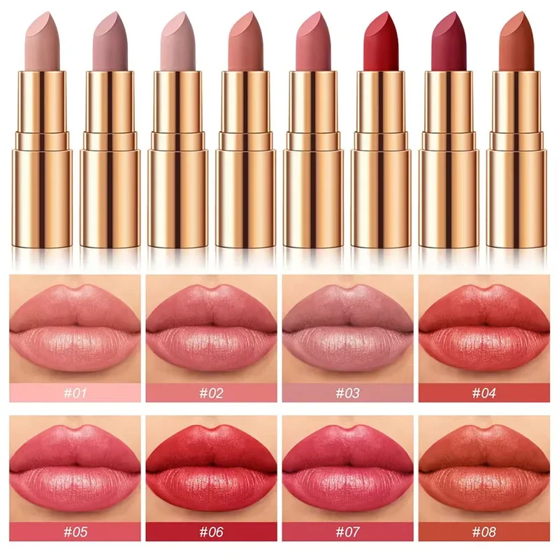 Hydraterende sexy rode lippenstift Gouden buis Waterdicht Hooggepigmenteerd Gemakkelijk aan te brengen Romige hydraterende lippenstift Blijvende lipmake-up