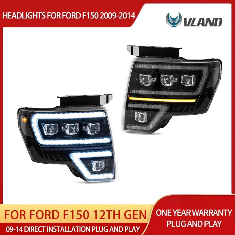 

09-14 F150 12th Gen Vland LED Matrix Projector Headlights Black Housing DRL Sequential Turn Signal Front Lamp Upgrade