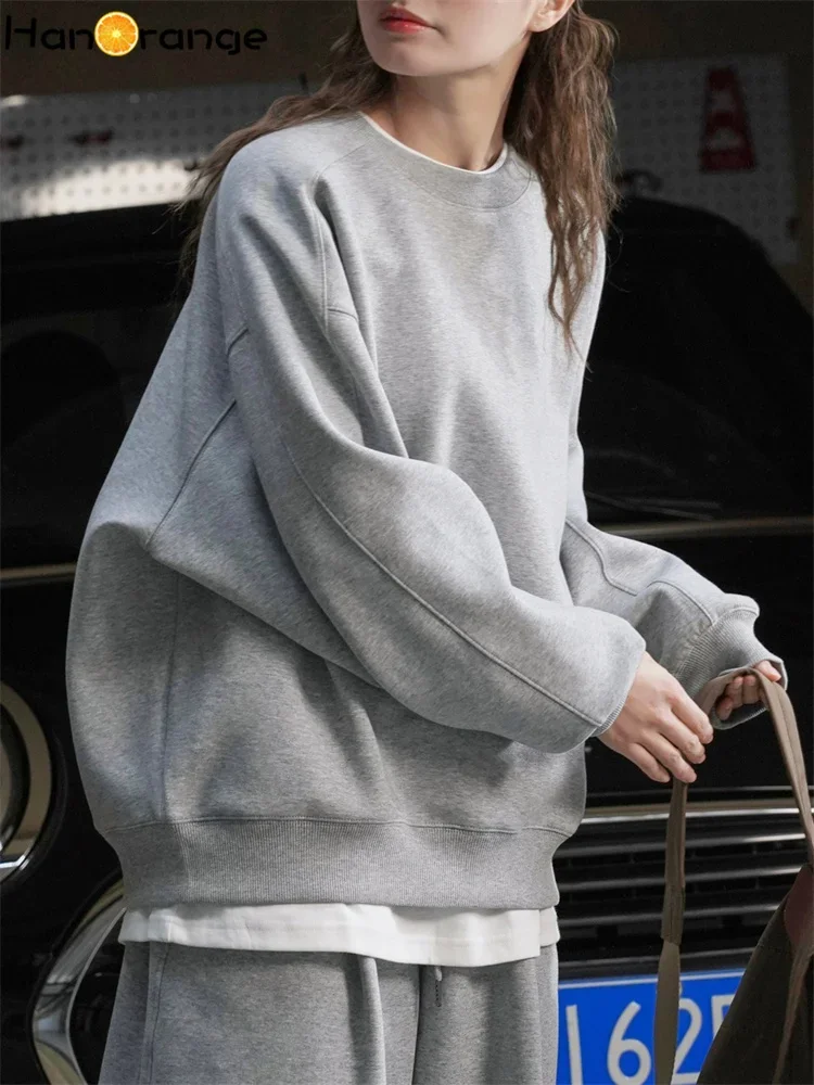 HanOrange 2025 Early Spring Fashion Air Layer Sweatshirt Women Loose Silhouette Lazy Casual Top Gray