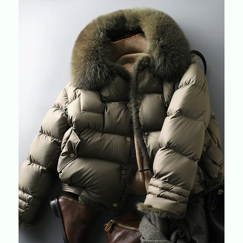 Jaket Pendek Bulu Angsa dengan Kerah Bulu Rubah Elegan untuk Musim Dingin, Model Terbaru 2025, Pakaian Wanita Solid