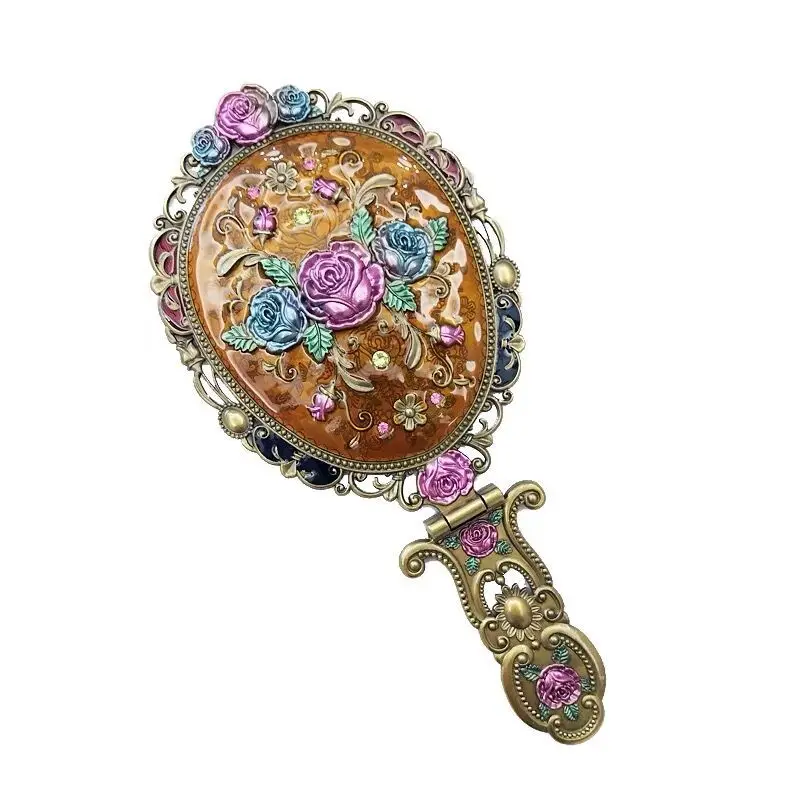 Vintage Hand Mirror with Gift Box Folding Makeup Mirror for Wallets High-definition Metal Compact Princess Mirror