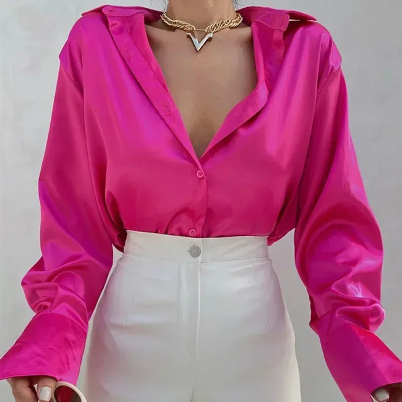 New Fashion Satin Women\'s Shirts 2024 Spring Long Sleeve Blouses Vintage Casual Loose Buttons Up Clothes Office Lady Tops