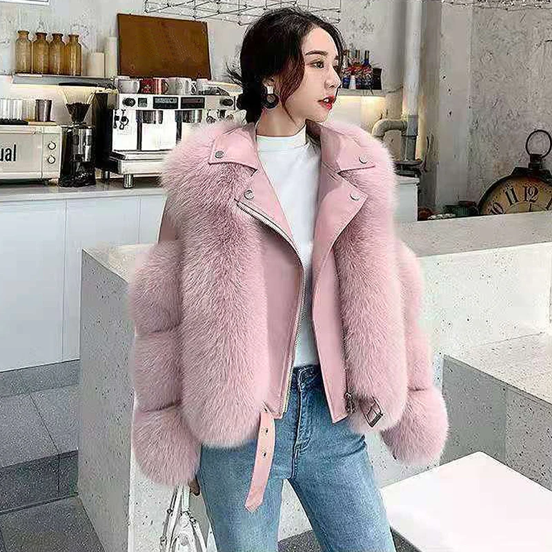 Fashionable Warm Short Fox Fur Jacket Women Autumn Winter Pu Leather Faux Fur Motorcycle Jackets Ladies Luxury Short Coat