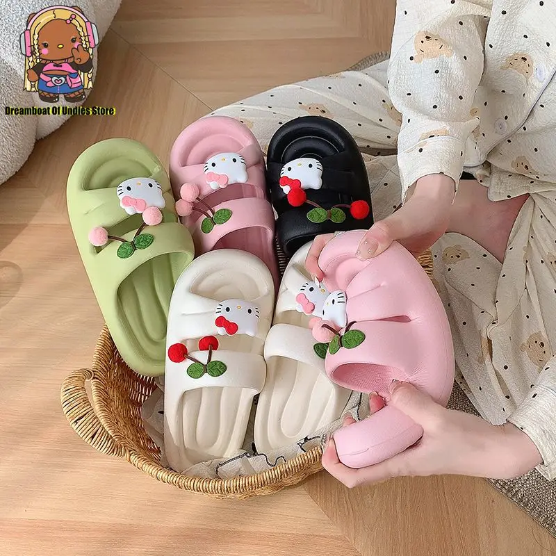 Hello Kitty Cute Cherry Summer Slippers Bathroom Platform Non-Slip Home Cartoon Flip Flops Women Beach Sandals Slides Outdoor