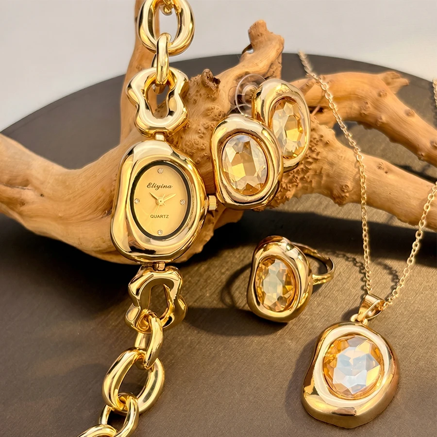 

Fashionable Cavelike Irregular Shape Ladies Watch Jewelry Set with Necklace Ring Earrings - New Model Unique Gift Item
