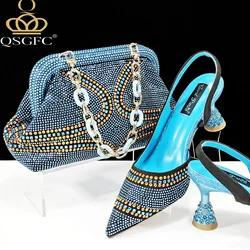 QSGFC Sky blue Pointed Toe 2024 New Arrivals Women High Heels Sexy Ladies Shoes and Bag to Match Italian Pumps for Wedding