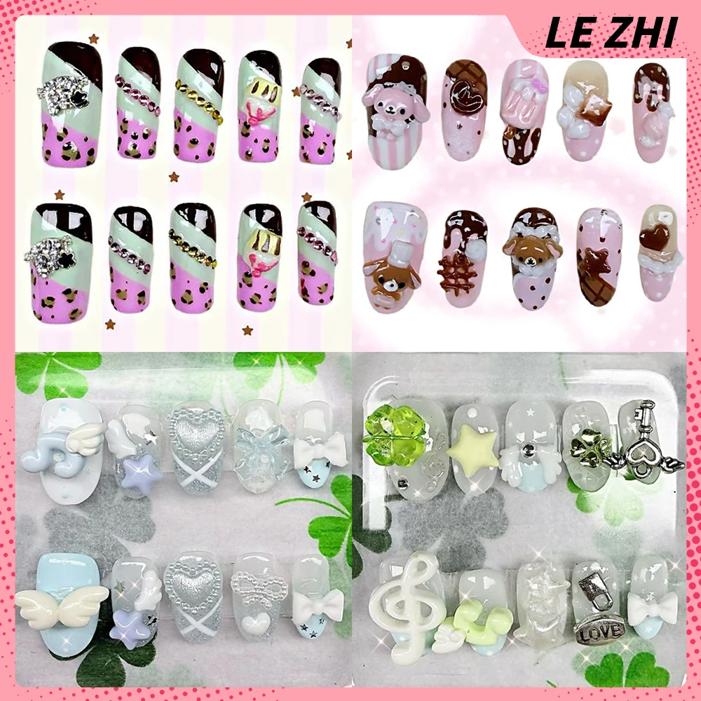 

10Pcs Sweet Rabbit Rilakkuma Cat Handmade Ellipse Full Cover Nail Wings Star Pearls Musical Notes Colorful Diamond Press On Nail