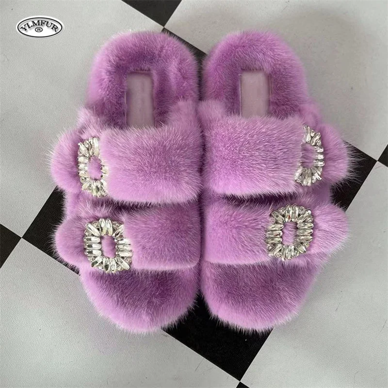 2024 New Women Fur Slippers Shoes Women Warm Winter Crystal Fur Shoes For Women Slippers Casual Plush Comfortable Mink Slippers