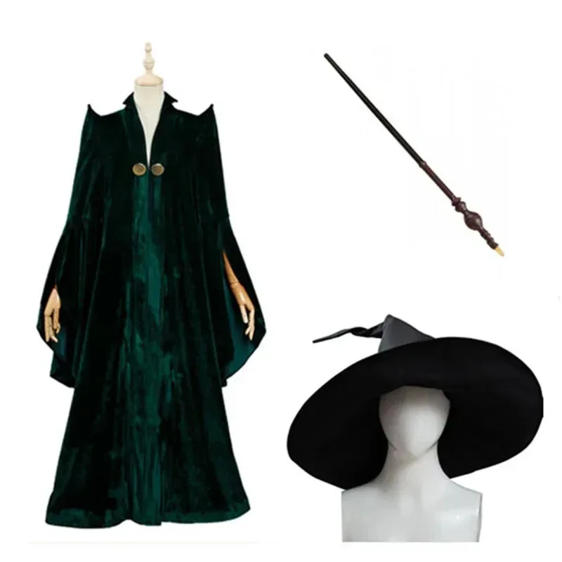 Disfraz de Cosplay del nuevo profesor Minerva McGonagall, capa de cuerda verde, sombrero, varita, traje completo de Halloween, 2026 ★ ☆ ❤ ★ ☆
