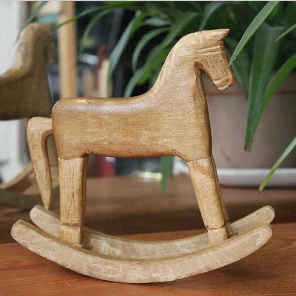 Vintage Style Wood Rocking Horse Animal Decoration Wood Carved Craft White Horse Figurines Home Decor