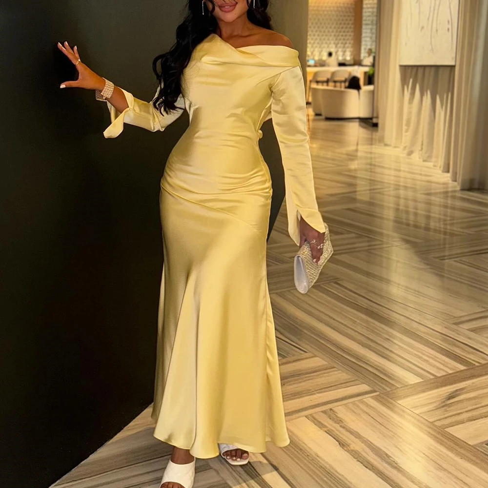 

Customized Satin A-Line Off the Shoulder Evening Dress Boat Neck Floor Length Long Sleeves Solid Color Vestidos para mujer