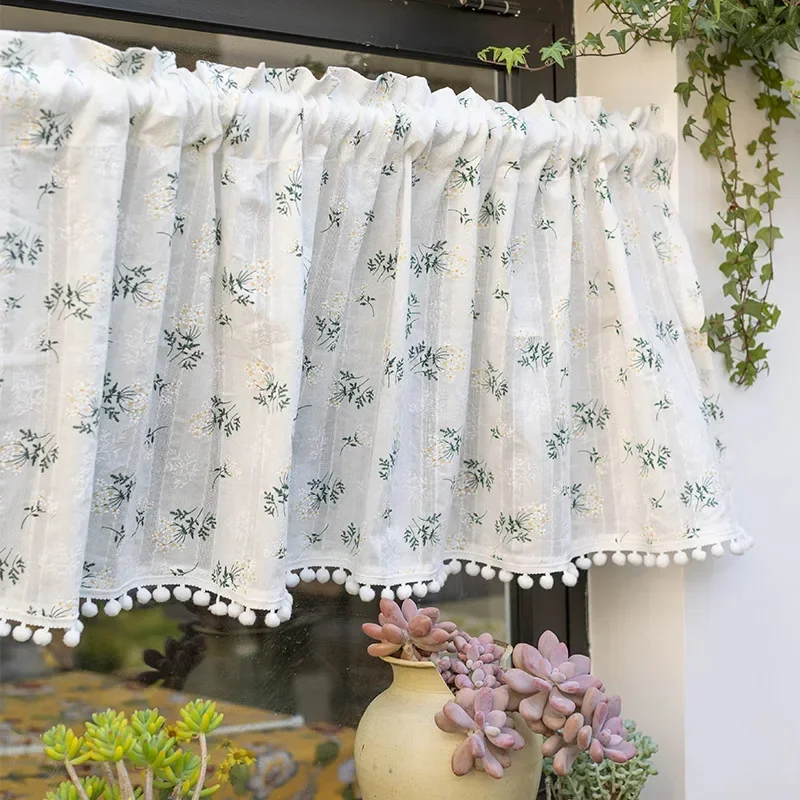 Cortinas coreanas de algodão com margaridas, cortina de bolso para estrada, borla floral para cozinha, quarto, sala de estar, janela saliente,