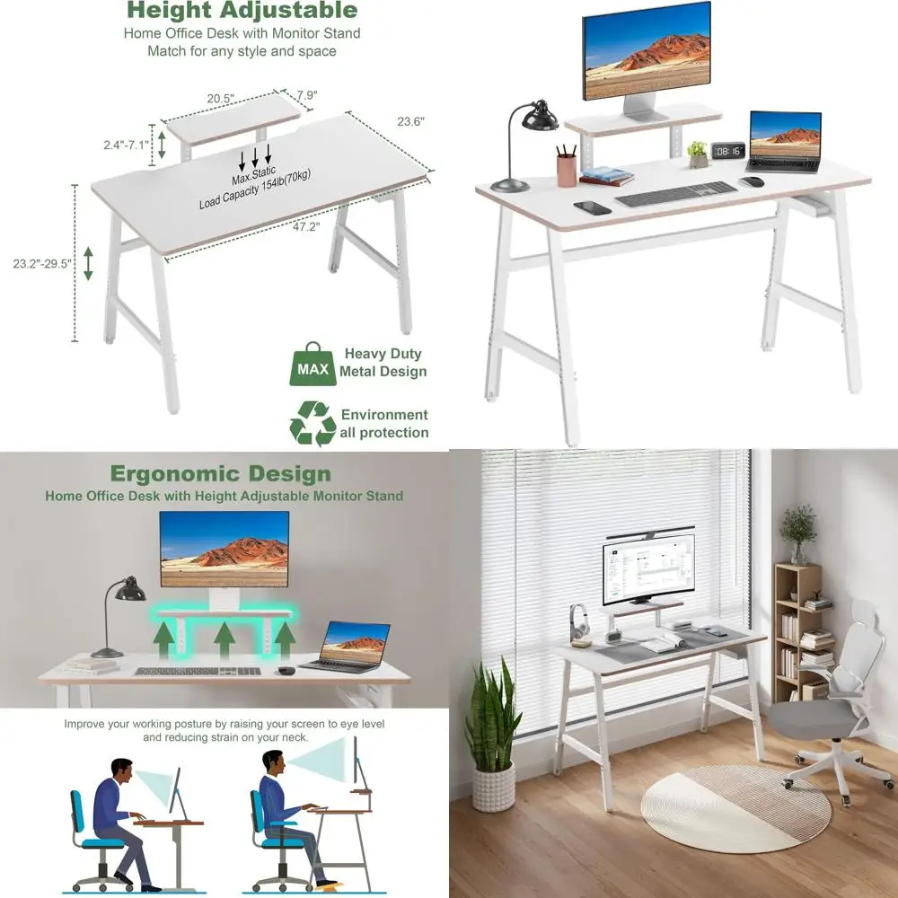 Modern 47 Height-Adjustable Desk for Gaming and Home Office, White Metal Frame, with Monitor Stand