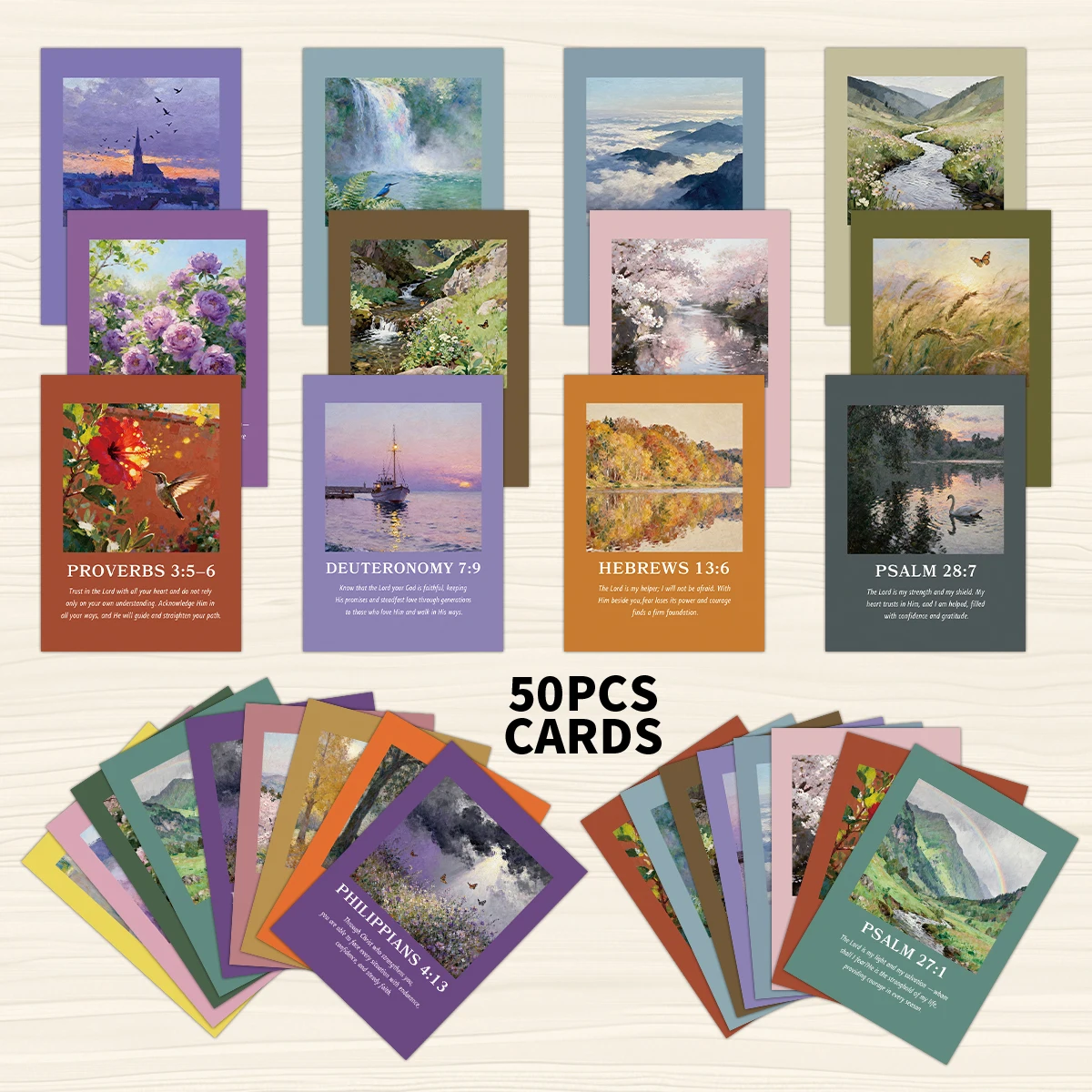 50 Stück Landschaftsgemälde-Bibelvers-Karten, inspirierende christliche Karten zur Ermutigung, Gebet, Andacht, Ramadan-Geschenkkarten – Detail 1