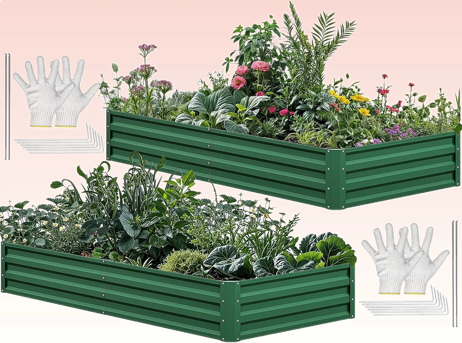 YITAHOME 72x36x12in 2pcs Galvanized Raised Garden Bed Kit with Gloves & Support Rod Green
