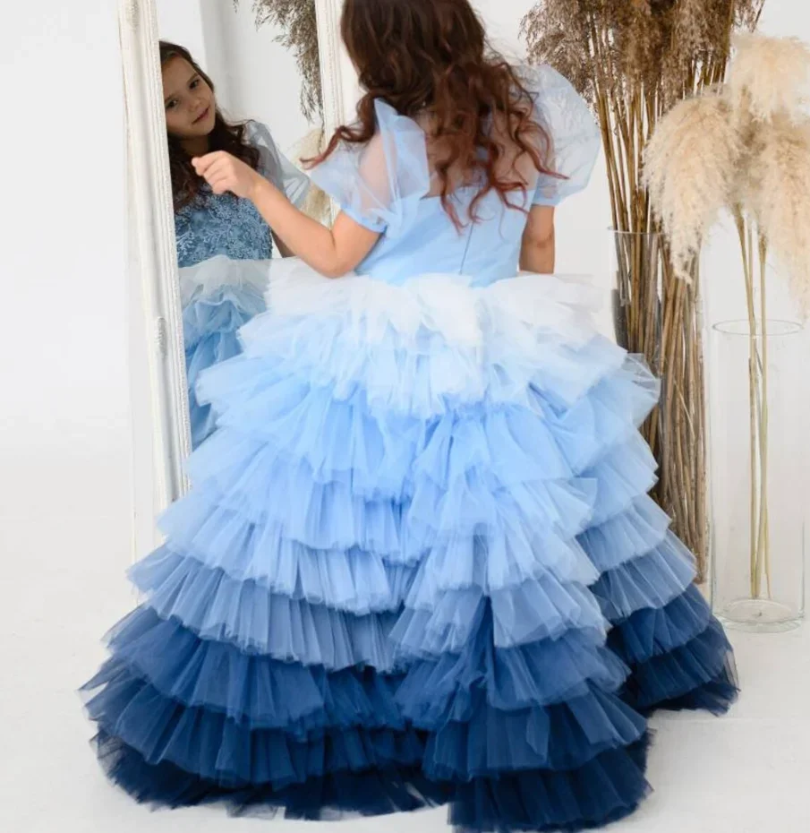 Flower Girl Dress Ombre Blue Ball Gown Junior Bridesmaid Wedding Dresses For Girls Graduation Dress Party Prom Pageant Gowns