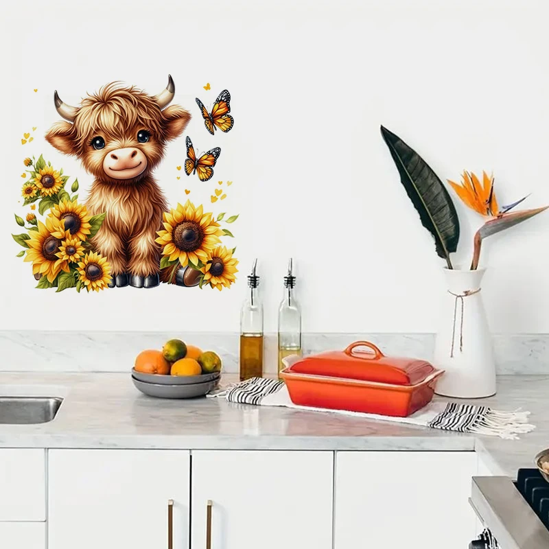 Highland Cow with Sunflowers Sticker, Water-proof Home Wall Decal, Used for Wall, Bathroom, Cabinet, Door,Toilet, Car, Laptop