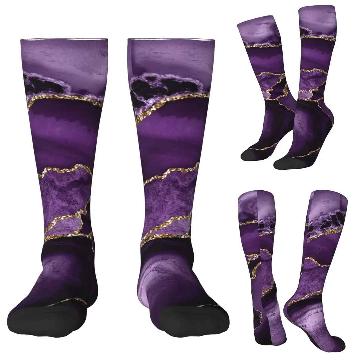Purple Faux Marble Abstract Landscap Socks Harajuku Stockings All Season Long Socks Accessories for Man Woman Gifts