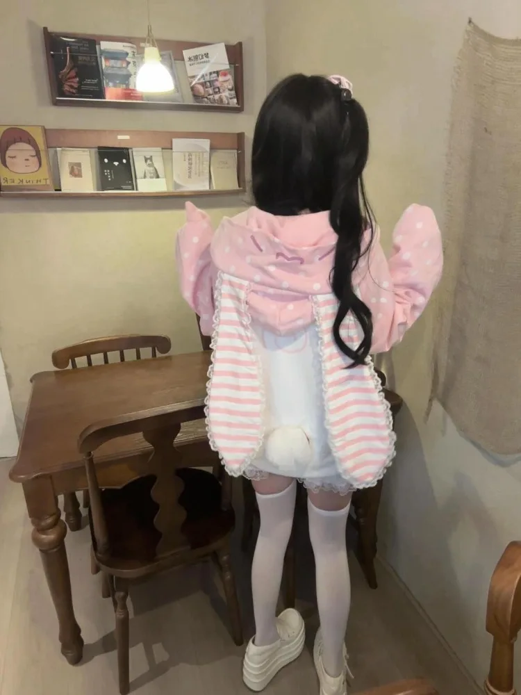 Sudadera con capucha japonesa con estampado de conejito rosa Kawaii para mujer, jersey de lunares con orejas grandes a la moda, chaqueta, abrigo nuevo