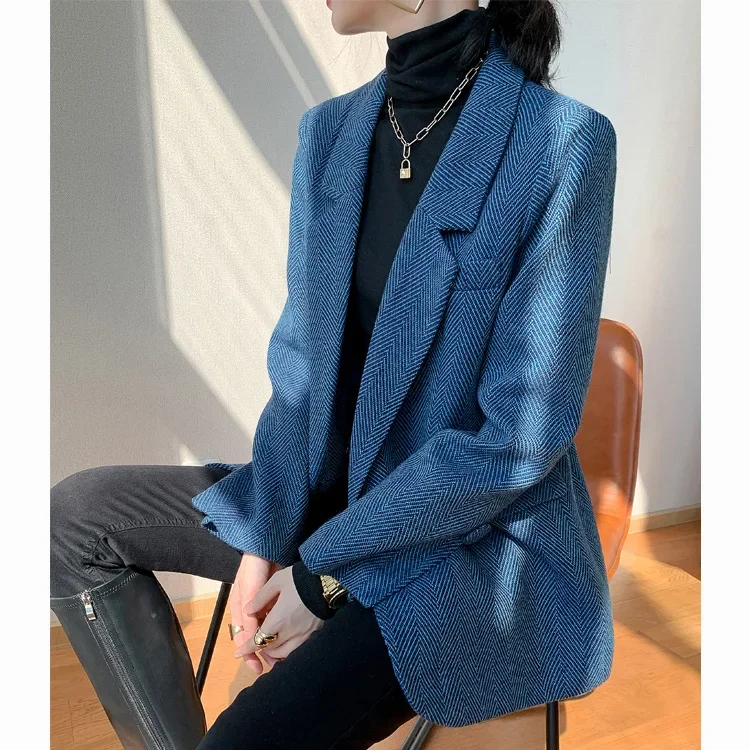 Elegant Blue Woolen Coat Suit Jacket Female 2024 Autumn Winter New Style Leisure British Blazer Cardigan