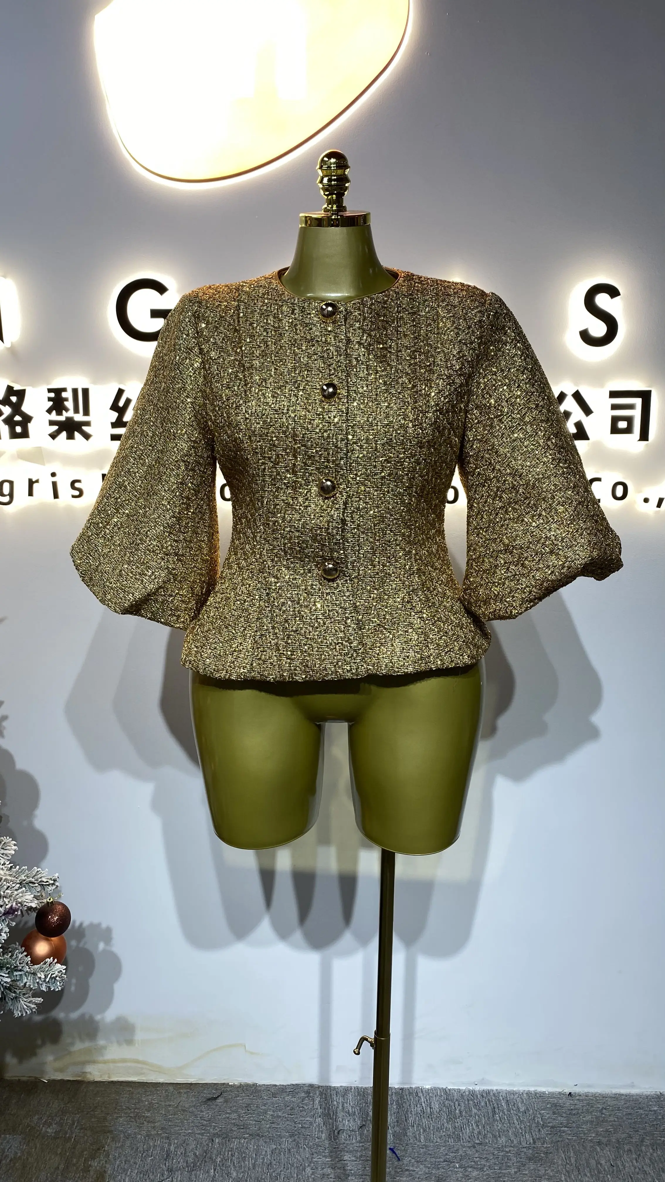 

Solid color round neck sweater jacket, new autumn style, powder puff sleeves, waist-cinching, slim fit women's coat-GZXX309