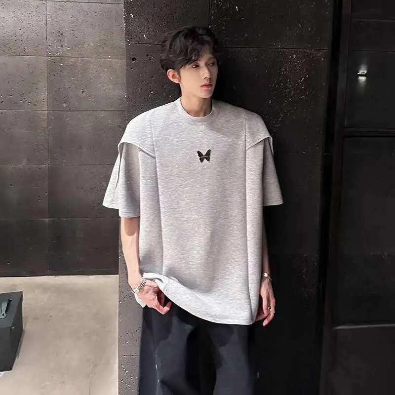 WTHT Fashion Men's Solid Color Patchwork Shoulder Pads T-shirts Trendy Short Sleeves O-neck Loose Tops Male 2025 Summer 2A1294