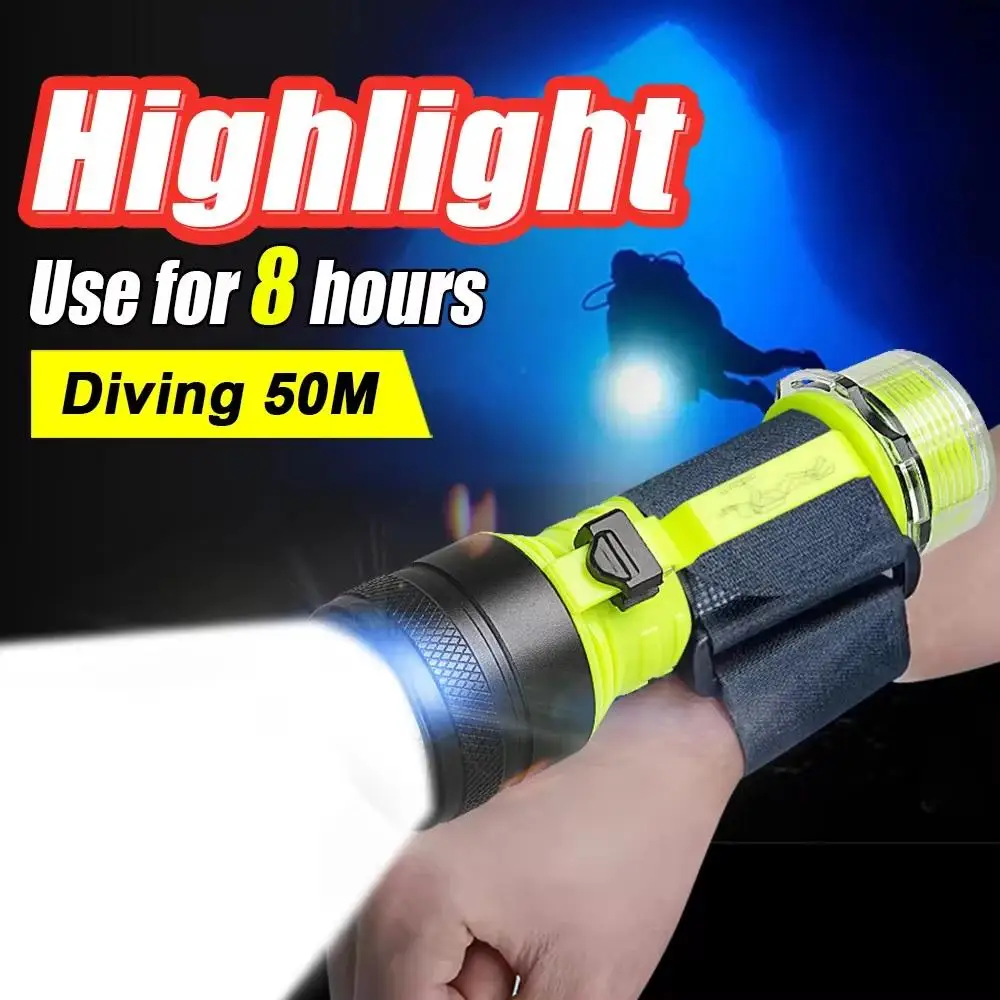 New High Power Led Rechargeable Diving Flashlight XHP50 Strong Light LED Snorkeling Flashlights With Wistband IPX8 Waterproof