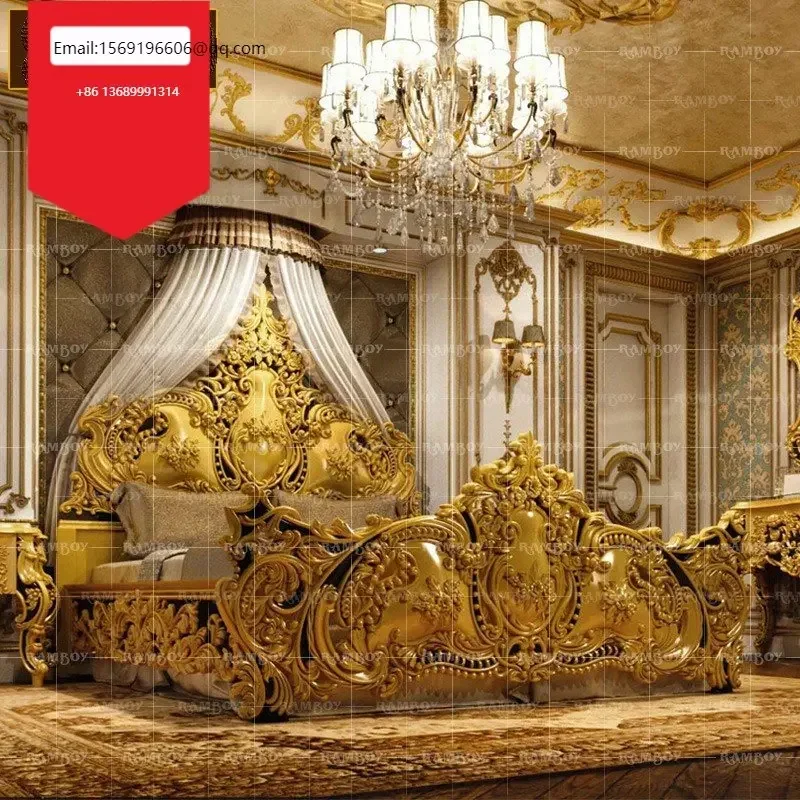 

Villa French solid wood carved double court European king bed Royal noble luxury princess wedding bed