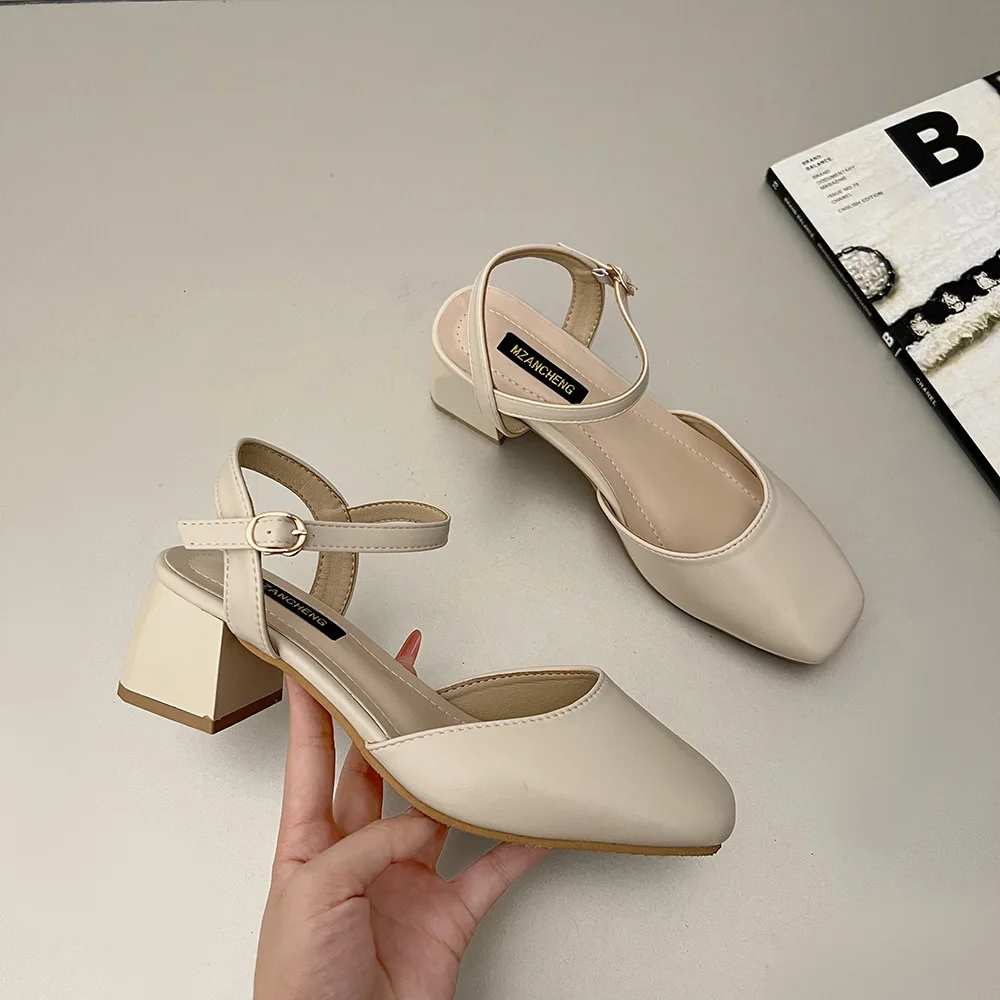 2022 Spring New Women\'s Closed-toe Sandals High Heel Korean Style Thick Heel Square Toe Elegant Single Shoes