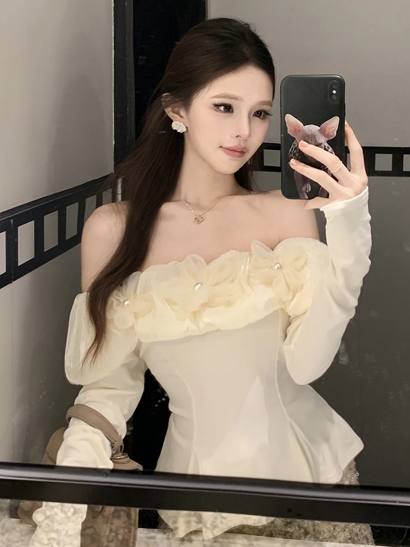 تي شيرت Ele Floral One-oulder بقصة ضيقة طويلة Sve Sweet Base تي شيرت Sli Top لموسم الخريف للسيدات Faion