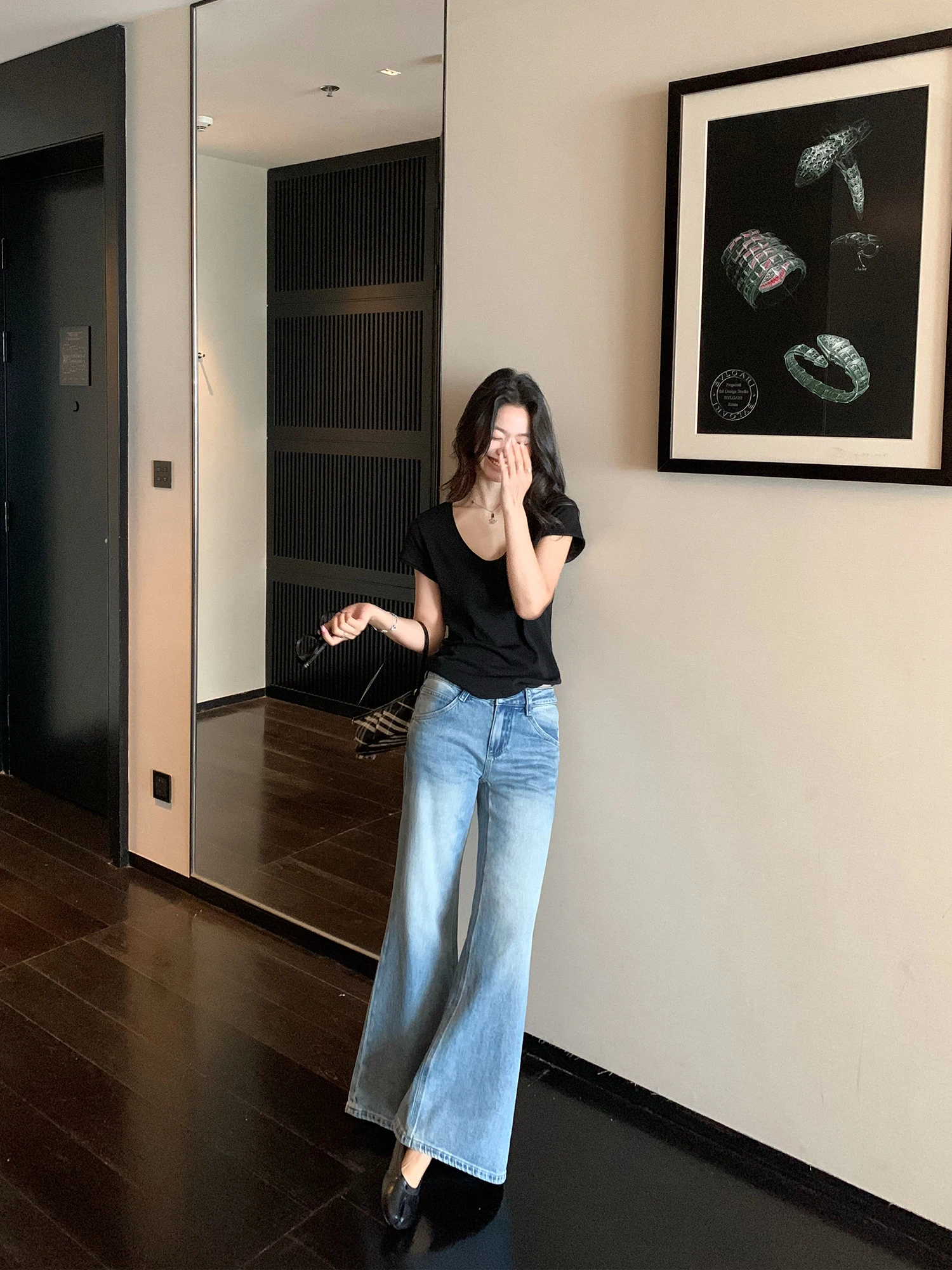 Pusumede Low Waist Bell Bottom Jeans Women's Elegant Slimming Casual Straight Leg Long Trousers Cotton High Elasticity