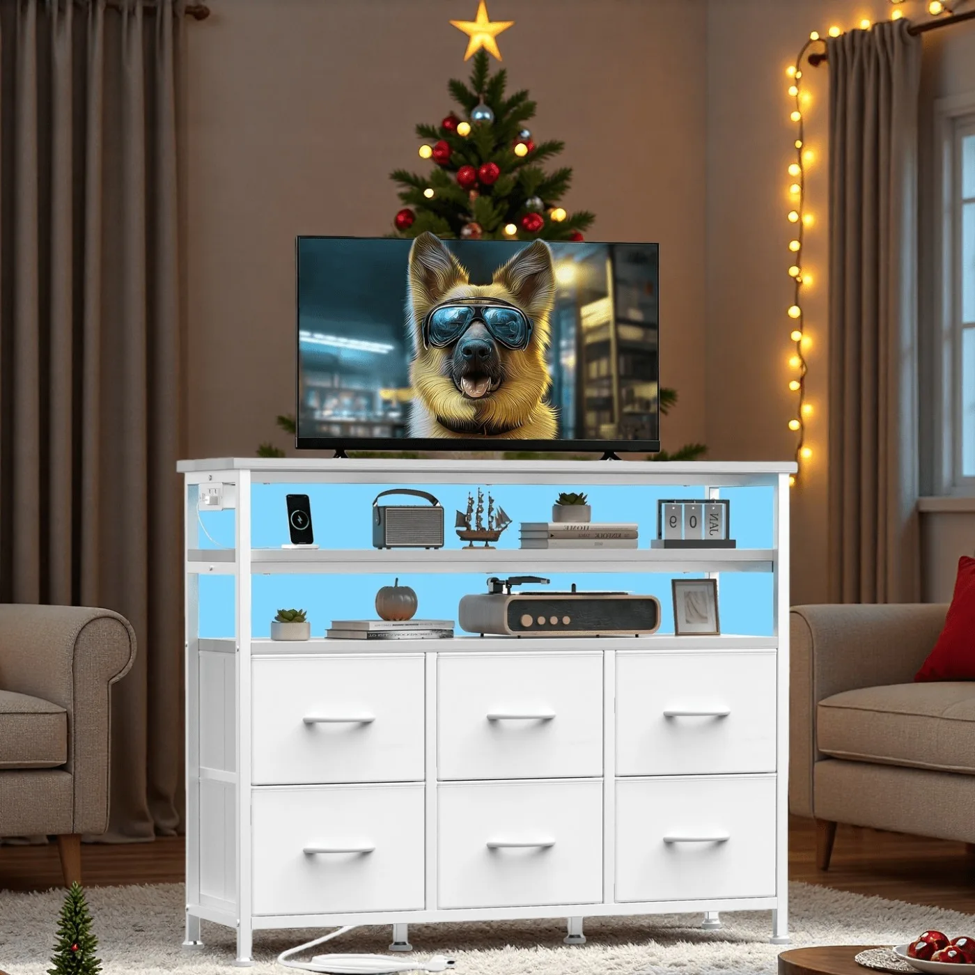 

Тумба под телевизор с выдвижными ящиками (для телевизоров 32-45 дюймов), медиацентр, тумба для ТВ с зарядной станцией и столом (в комплекте 6 тканевых чехлов)