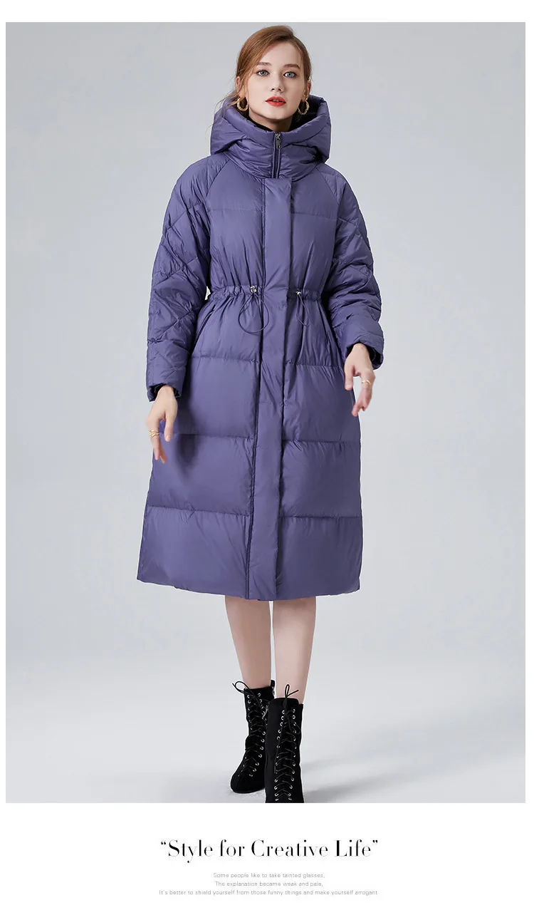 Piumino lungo da donna in piumino d'anatra bianca con cappuccio Parka invernale con cintura in vita Giacca calda per la stagione fredda