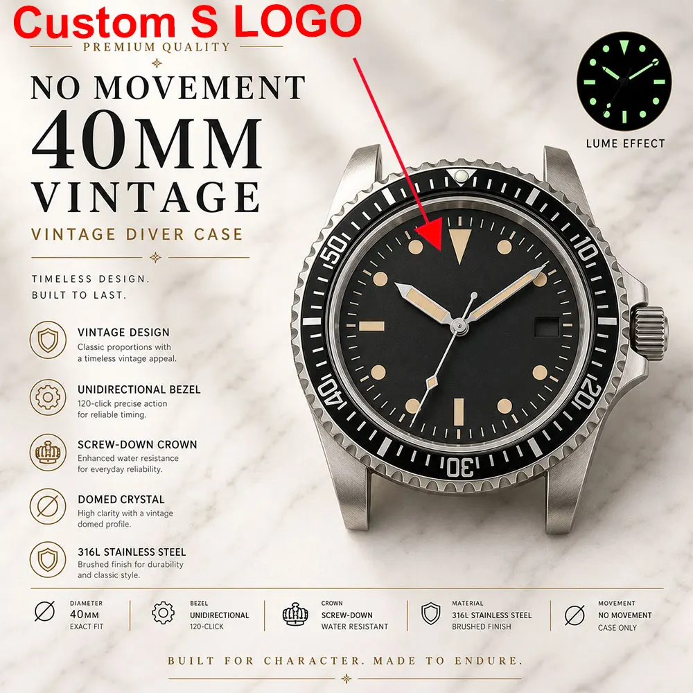 Vintage Customized logo 40mm 316L stainless steel sapphire retro series watch case suitable for NH35 NH36 movement nylon strap