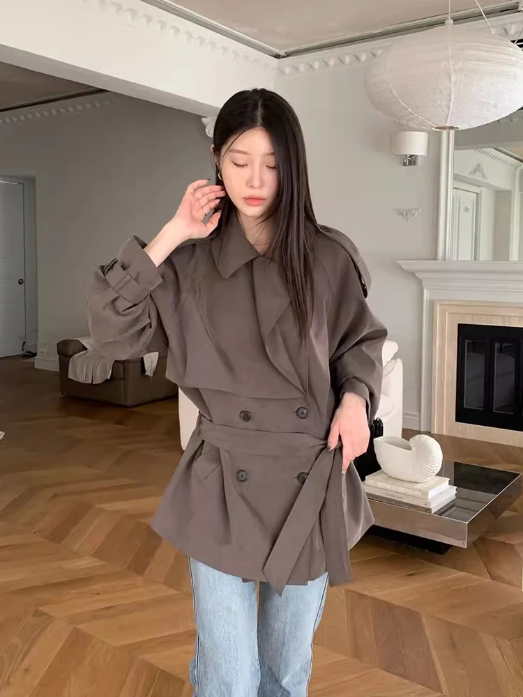 

Slimming Long Sve Pure Color Double Breasted Waist Cinched Retro Sle Women's Coat Chic Autumn New Arrival Commute Suitable