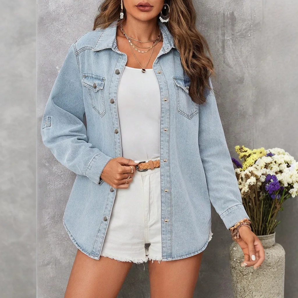 Women's Washed Denim Shirt Loose Long Sleeve Snap Button Down Shirt Fashion Streetwear Casual Tops Vintage Oversized Denim Coat
