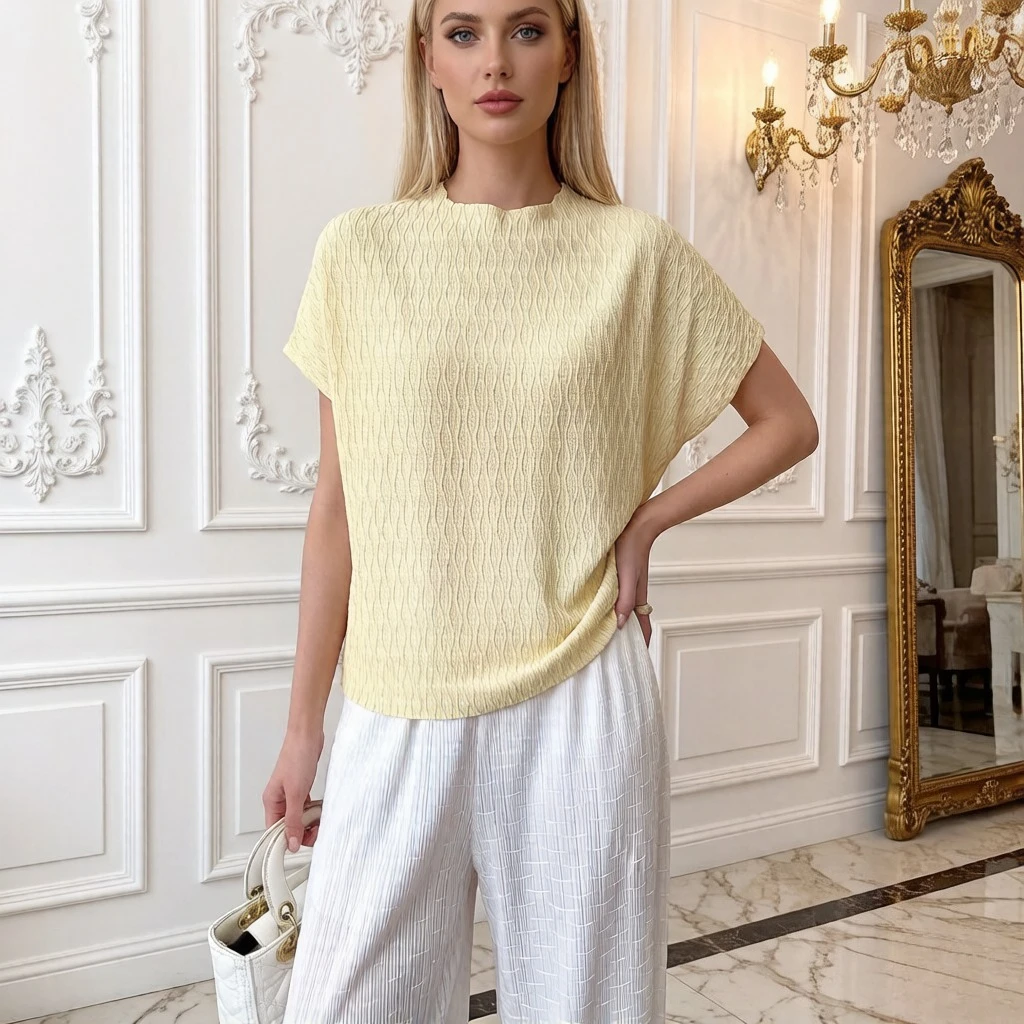 

Miyake Pleated Short-Sleeved T-Shirt for Women Summer Loose Fit 2026 Relaxed Silhouette Distinctive Pleated Top Textured Blouse