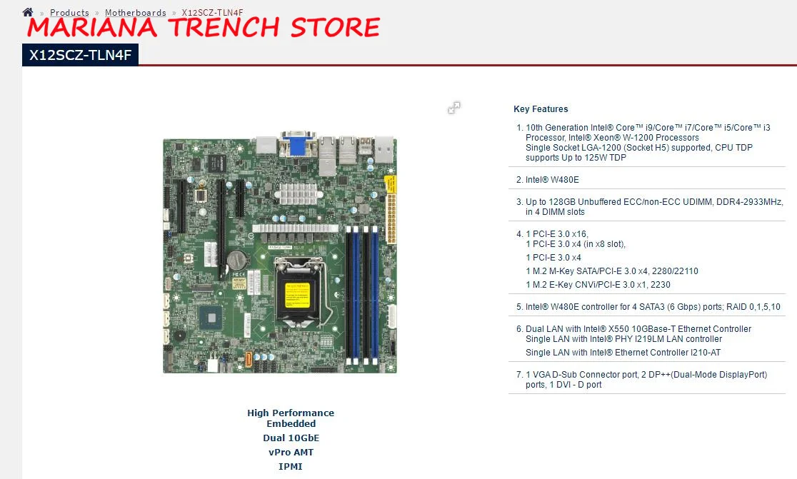 X12SCZ-TLN4F for Supermicro High Performance Embedded Motherboard 10th Gen. Core i9 i7 i5 i3 Xeon W-1200 Processors