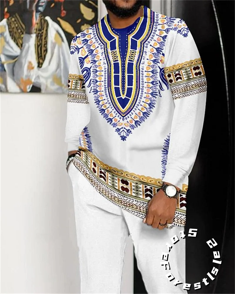 African Clothing Set for Men Tracskuit Set Casual Walking Suit Ovrersize Streetwear Long Sleeve T-Shirt Trousers Outfit 2-piece