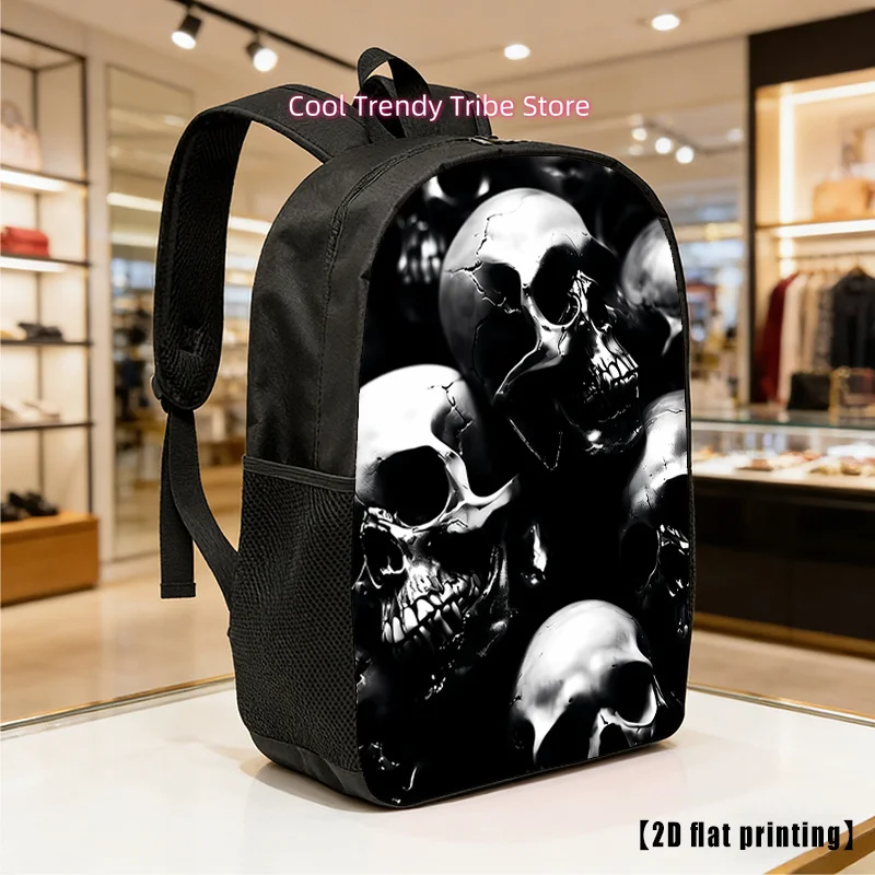 A Unisex Backpack Featuring a Black And White Human Skull Design, Lightweight And Spacious, Equipped with Adjustable Shoulder St