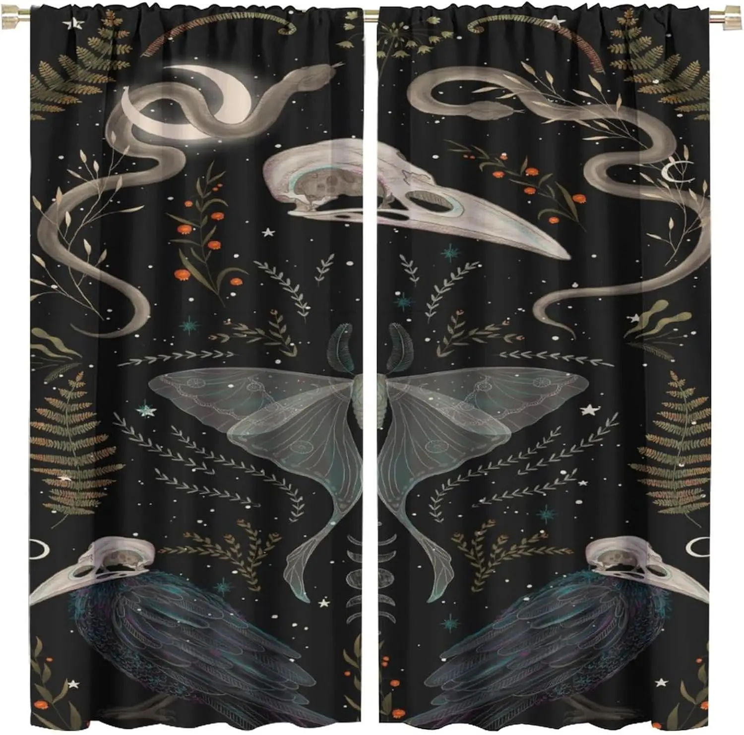 Gothic Blackout Curtain, Rerto Starry Sky Plant Moon Moth Crow Snake Pattern Window Treatments Rod Pocket Curtain for Bedroom