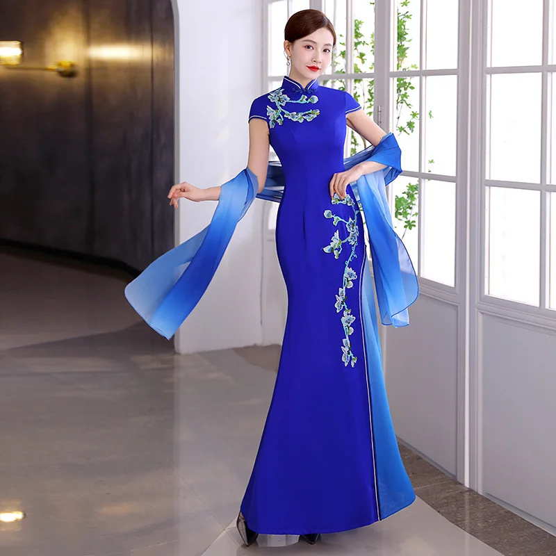 

Blue Sexy Satin Chinese Dresses Gown Women Large Size Slim Qipao Long Sequins Evening Party Mermaid Cheongsam Elegant Vestidos