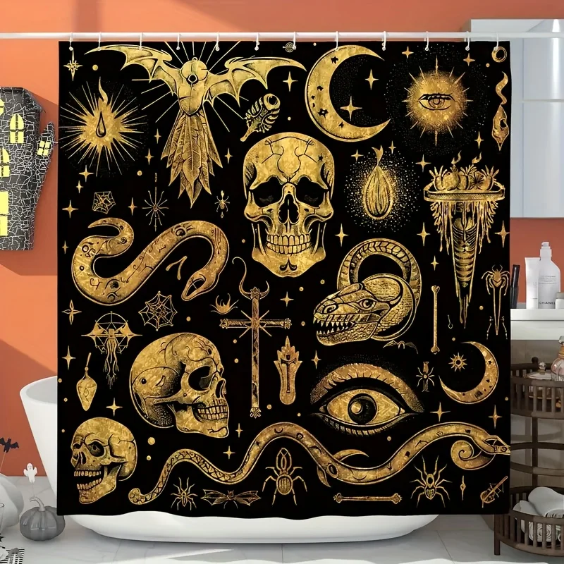 1pc Gothic mysterious style shower curtain featuring elements like skulls, snakes, bats, moons, and mysterious symbols, suitable