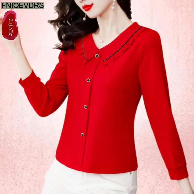 

New Year Red Fashion Ruffles Tops Hot Design Women 2024 Autumn Cute Basic Wear Long Sleeve Sequined Button Shirts Blouses