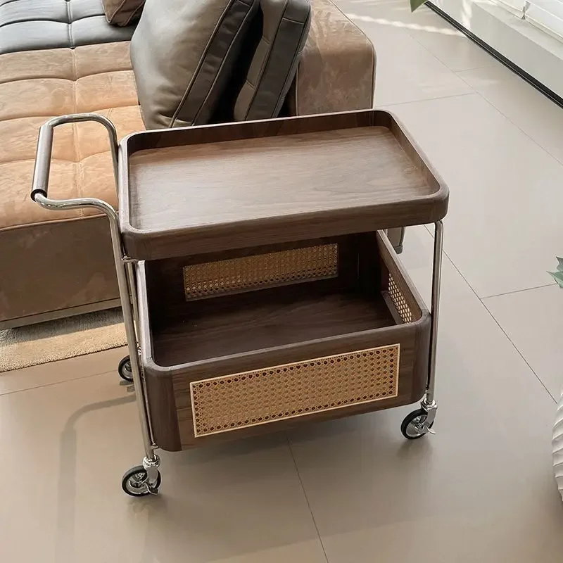 Nordic solid wood edge few black walnut storage trolley living room sofa rattan storage side cabinet