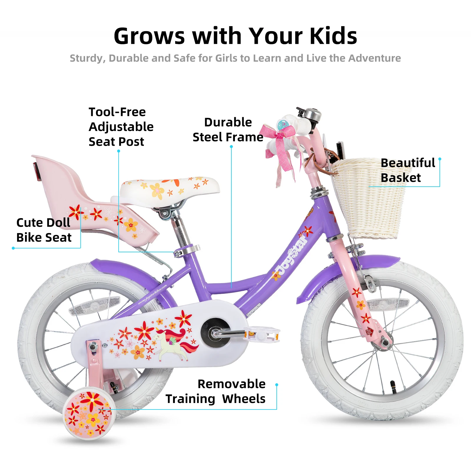 JOYSTAR Bicicleta para niños para niñas de 2 a 9 años, 12 14 16 Bicicleta para niños de 18 pulgadas con ruedas de entrenamiento, asiento de muñeca, serpentinas, cesta, violeta