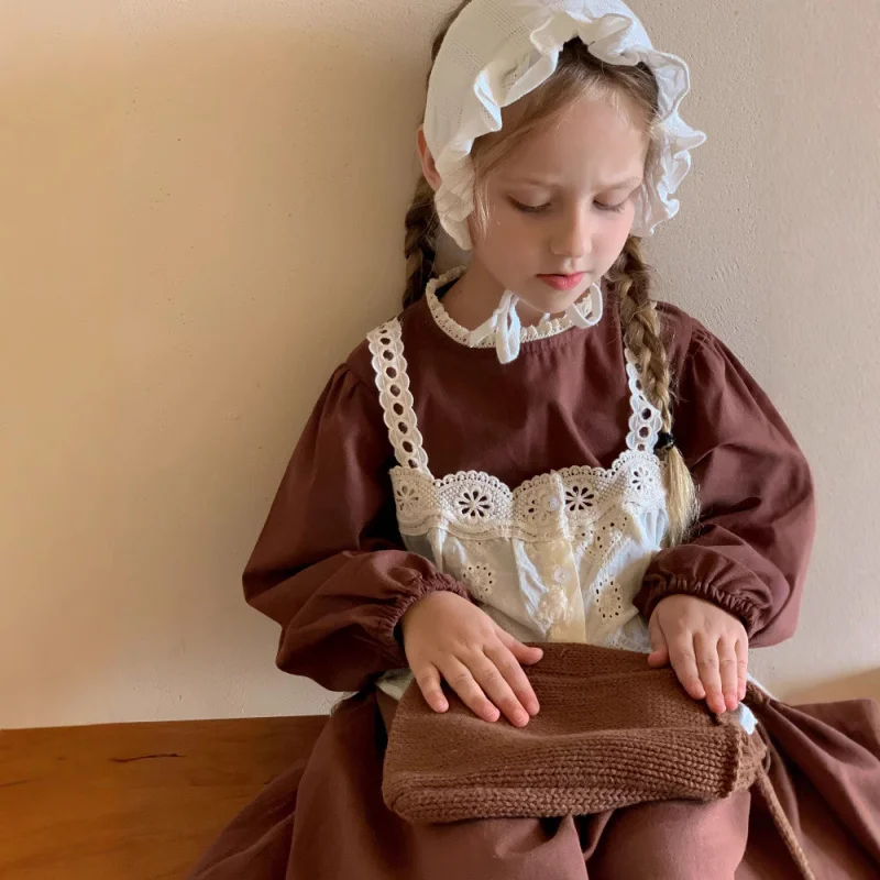 

Korean Children's Clothing Girls' Dress Autumn Puff Sleeve Lace Strap Fake Two-Piece Fashionable Dress for Kids