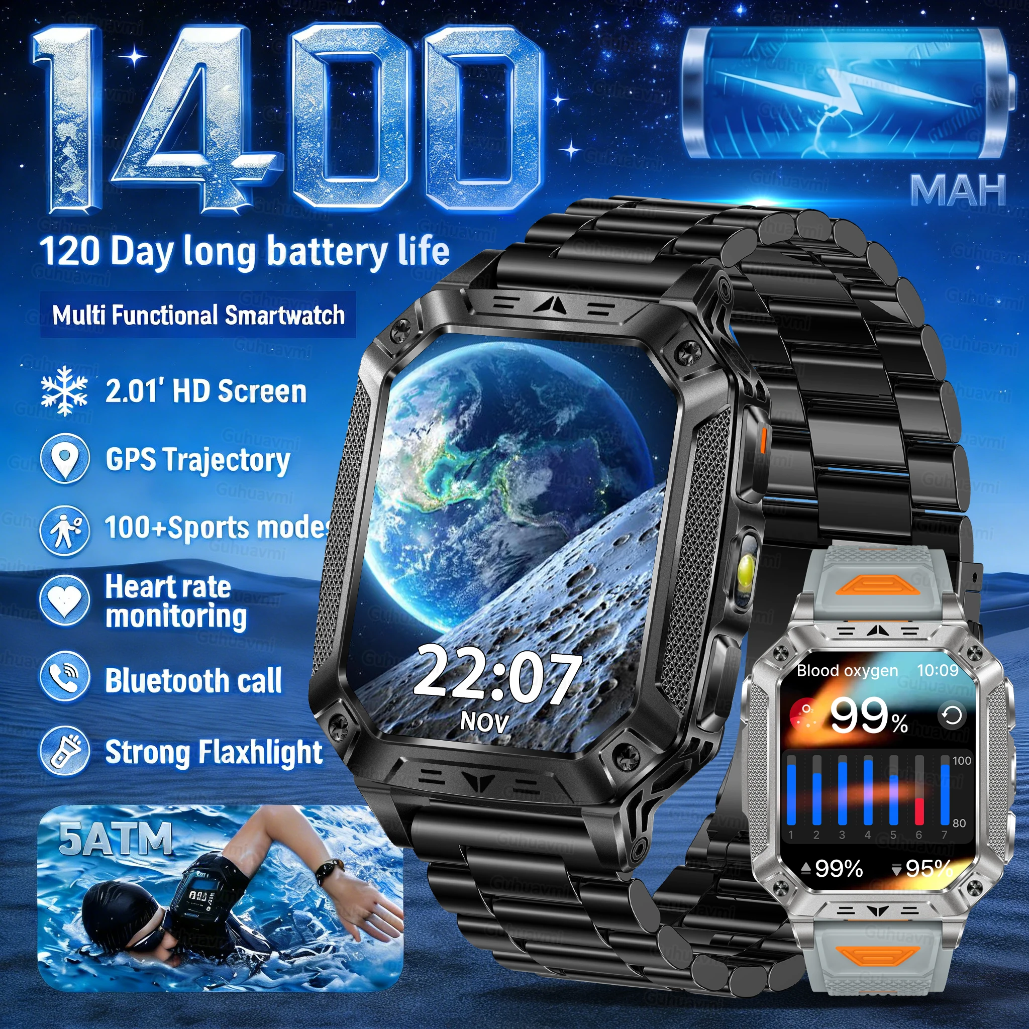 

Outdoors Men Sports Smart Watch 1400mAh big Battery Waterproof Voice call Music Blood oxygen Sport Smartwatch men women Fitness