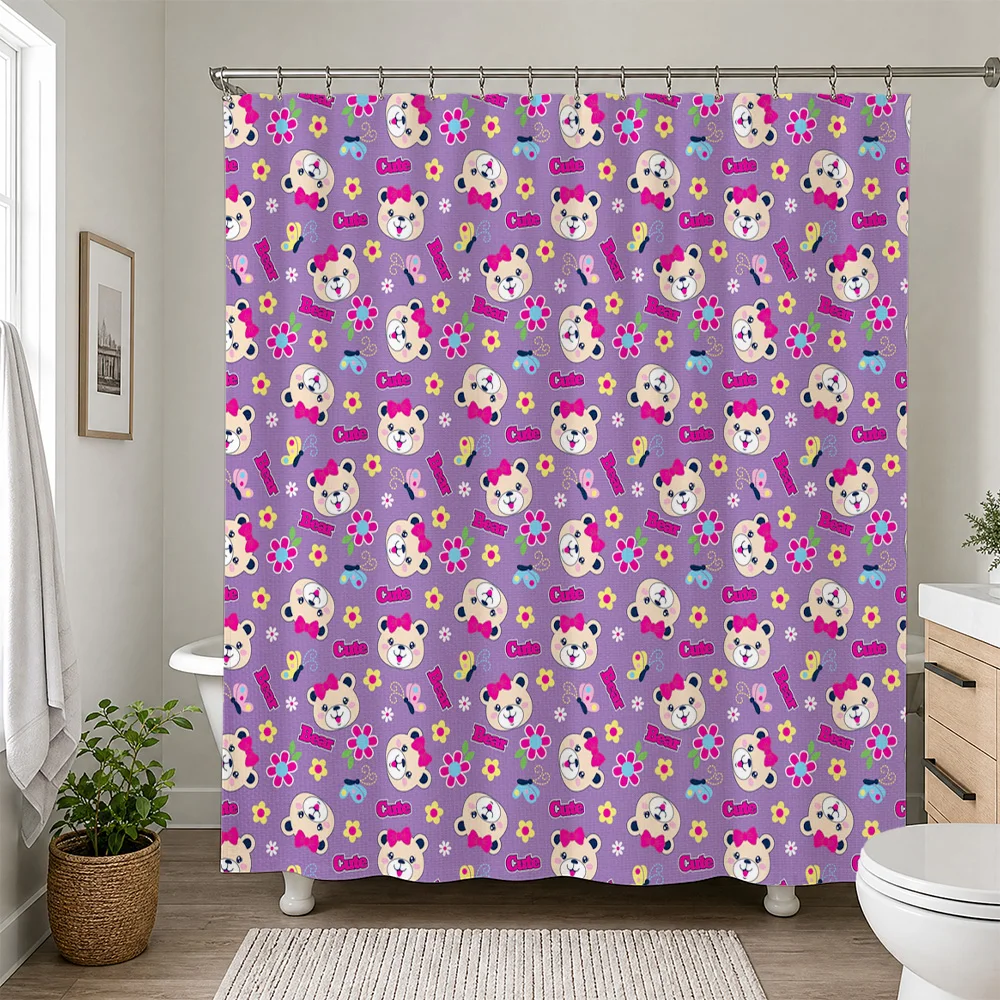 Cute Panda Floral Pattern Shower Curtain Waterproof Bath Shower Liner for Kids Nursery Bathroom Decor Purple Aesthetic Cartoon D