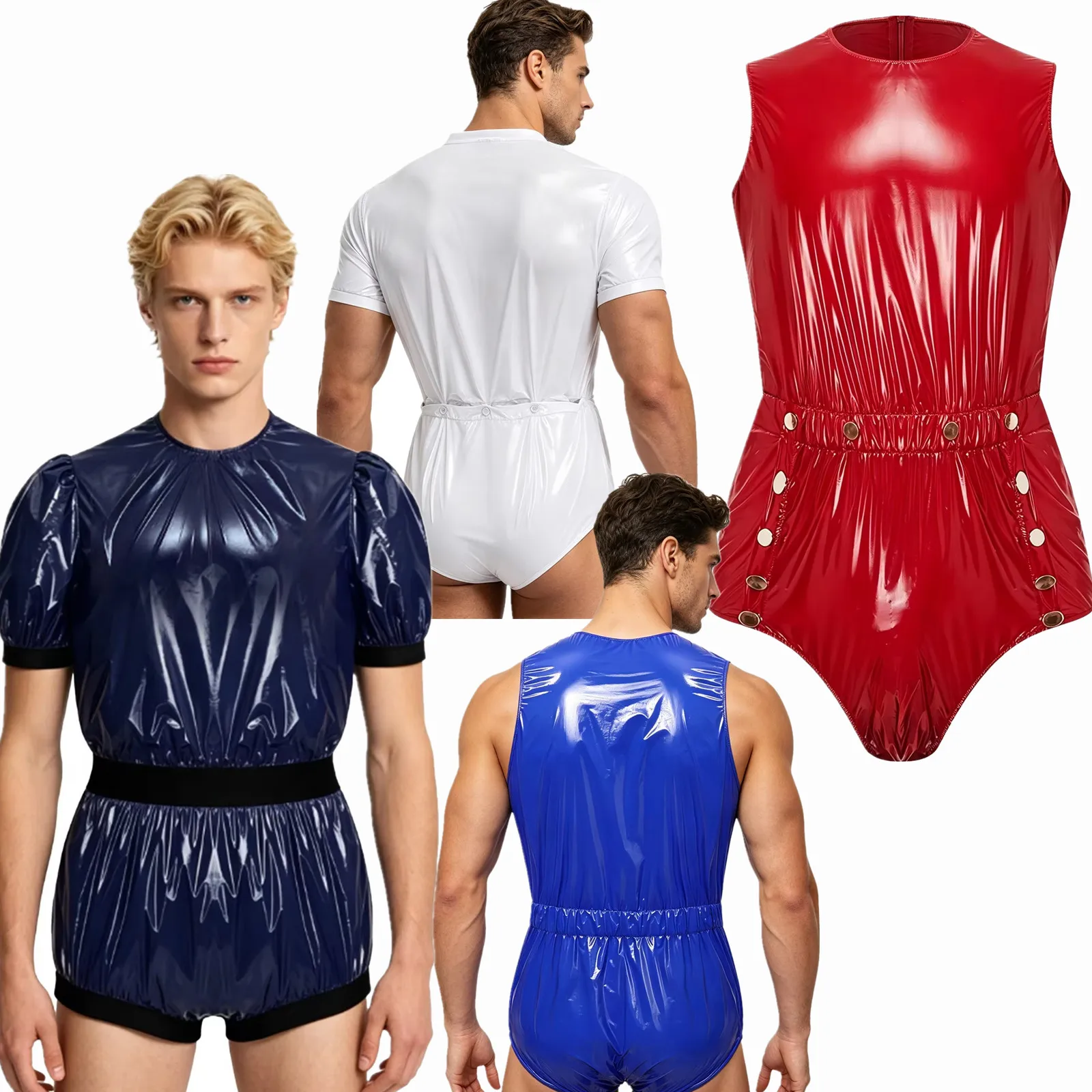 

Mens Glossy Shiny PVC Waterproof Short Sleeve Bodysuit Back Zipper Leotard Jumpsuit Waterproof Elderly Leakproof Diaper Rompers